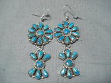 Signed Native American Navajo Turquoise Cluster Sterling Silver Earrings-Nativo Arts