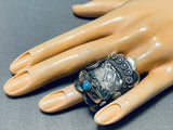 Elaborate Signed Native American Navajo Sleeping Beauty Turquoise Sterling Silver Saddle Ring-Nativo Arts