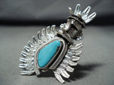 Marvelous Native American Navajo Signed Kingman Turquoise Sterling Silver Kachina Ring-Nativo Arts