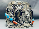 Best Huge Authentic Bear Native American Navajo Turquoise Coral Sterling Silver Bracelet-Nativo Arts