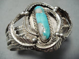 Heavy Thick Vintage Native American Navajo Gilbert Turquoise Sterling Silver Leaf Bracelet Old-Nativo Arts