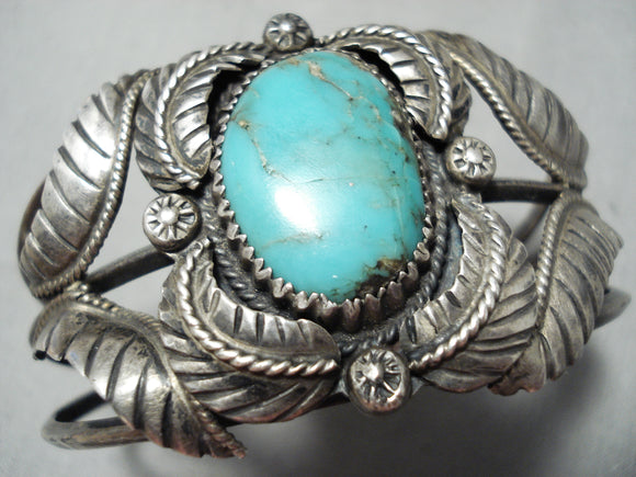 Substantial Vintage Native American Navajo Royston Turquoise Sterling Silver Leaf Bracelet-Nativo Arts