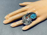 Huge Native American Navajo Turquoise Coral Bear Sterling Silver Ring-Nativo Arts