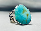 Impressive Native American Navajo Signed Kingman Turquoise Large Sterling Silver Ring-Nativo Arts