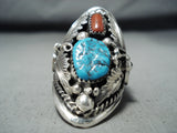 Striking Native American Navajo Turquoise Coral Sterling Silver Large Ring-Nativo Arts