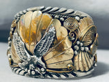 Huge Mens Native American Navajo Signed Sterling Silver Eagle Gold Fill Huge Bracelet-Nativo Arts