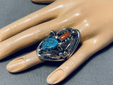 Astounding Native American Navajo Turquoise Coral Sterling Silver Ring-Nativo Arts