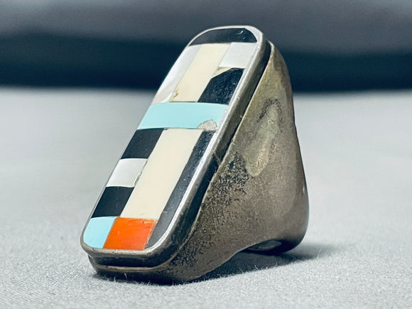 28 Gram Heavy Vintage Native American Zuni Turquoise Inlay Sterling Silver Ring-Nativo Arts