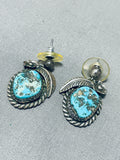 Cute Leaf And Turquoise Vintage Native American Navajo Sterling Silver Earrings Old-Nativo Arts