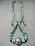 Signed Huge Native American Navajo Tubule Sterling Silver Turquoise Necklace Set-Nativo Arts