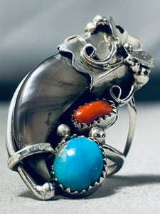 One Of The Biggest Native American Navajo Bear Turquoise Coral Sterling Silver Ring-Nativo Arts