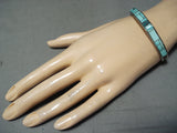 Marie Thompson Signed Native American Navajo Turquoise Inlay Sterling Silver Bracelet-Nativo Arts