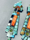 Native American Phenomenal Santo Domingo Turquoise Coral Spiny Inlay Sterling Silver Earrings-Nativo Arts