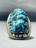 Ravishing Vintage Native American Navajo Carved Godber Turquoise Sterling Silver Ring-Nativo Arts