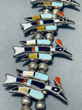 Authentic Vintage Native American Zuni Turquoise Sterling Silver Inlay Squash Blossom Necklace-Nativo Arts