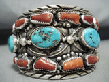 Monstrous Vintage Native American Navajo turquoise Coral Sterling Silver Leaf Bracelet-Nativo Arts