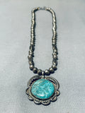 Signed Vintage Native American Navajo Blue Diamond Turquoise Sterling Silver Necklace-Nativo Arts
