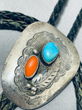 Fantastic Vintage Native American Navajo Signed Kingman Turquoise Coral Sterling Silver Bolo-Nativo Arts
