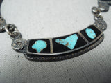 Exceptional Vintage Native American Navajo Turquoise And Onyx Sterling Silver Necklace Old-Nativo Arts