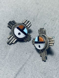 Intricate Women's Vintage Native American Zuni Turquoise Coral Sterling Silver Earrings-Nativo Arts