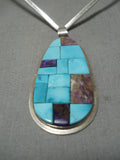 Stunning Vintage Native American Navajo Turquoise Spiny Oyster Inlay Sterling Silver Necklace-Nativo Arts