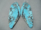 Native American One Of The Largest Slab Turquoise Santo Domingo Sterling Silver Earrings-Nativo Arts