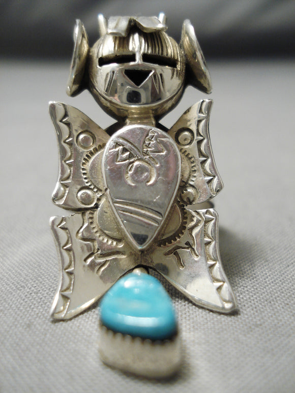 Detailed Navajo Turquoise Sterling Silver Kachina Native American Ring-Nativo Arts