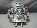 Huge Detailed Kachina Vintage Native American Navajo Turquoise Sterling Silver Bracelet Old-Nativo Arts