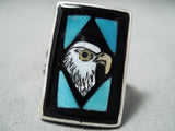 Exquisite Vintage Native American Zuni Inlay Turquoise Jet Eagle Sterling Silver Ring-Nativo Arts