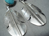 Stunning Native American Navajo Turquoise Sterling Silver Feather Earrings-Nativo Arts