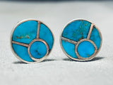 Early And Very Rare Vintage Native American Zuni Turquoise Inlay Sterling Silver Earrings-Nativo Arts