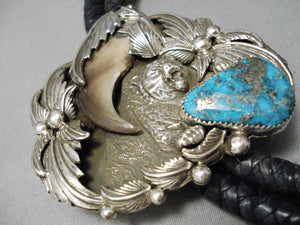 Opulent Native American Navajo Old Morenci Turquoise Sterling Silver Bolo Tie-Nativo Arts
