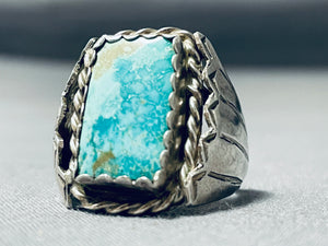 Striking Vintage Native American Navajo Pilot Mountain Turquoise Sterling Silver Ring-Nativo Arts