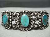 Early 1900's Vintage Native American Navajo Blue Gem Turquoise Sterling Silver Bracelet Old-Nativo Arts