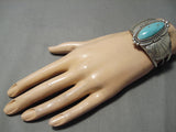 Striking Vintage Native American Navajo Blue Gem Turquoise Sterling Silver Flanked Bracelet Old-Nativo Arts
