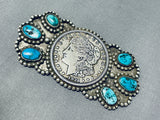 Spectacular Vintage Native American Navajo Morenci Turquoise Sterling Silver Coin Pin-Nativo Arts