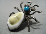 Museum Quality Vintage Native American Navajo Bug Turquoise Shell Sterling Silver Pin Old-Nativo Arts