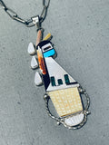 Phil Gia Vintage Native American Zuni Inlay Textured Turquoise Sterling Silver Necklace-Nativo Arts