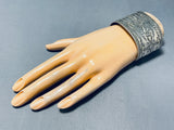 Astonishing Vintage Native American Navajo Signed Sterling Silver Handstamped Huge Bracelet-Nativo Arts