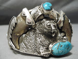 Huge Native American Navajo Bear Sterling Silver Turquoise Bracelet-Nativo Arts