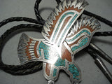 Soaring Eagle Vintage Native American Navajo Turquoise Coral Sterling Silver Eagle Bolo Tie-Nativo Arts