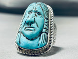 Native American Hand Carved Important Turquoise Sterling Silver Ring-Nativo Arts