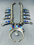 Native American 312 Gram Vintage Navajo Inlay Turquoise Sterling Silver Squash Blossom Necklace-Nativo Arts