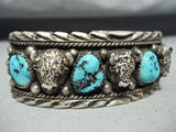 Detailed Buffalo Vintage Native American Navajo Turquoise Sterling Silver Bracelet-Nativo Arts