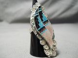 Amazing Hand Carved Zuni Native American Turquoise Sterling Silver Coral Ring-Nativo Arts
