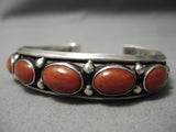 Quality Native American Navajo Thick Domed Coral Red Sterling Silver Bracelet Cuff-Nativo Arts