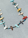 Colorful Native American Zuni Turquoise Shell Coral Bear Birds Fetish Sterling Silver Necklace-Nativo Arts