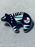 Extraordinary Native American Navajo Signed Inlay Jet Turquoise Coral Sterling Silver Bear-Nativo Arts