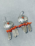 Superb Vintage Native American Navajo Coral Stering Silver Dreamcatcher Earrings-Nativo Arts