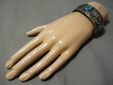 Intricate!! Vintage Native American Navajo Turquoise Geomtric Rug Sterling Silver Bracelet-Nativo Arts